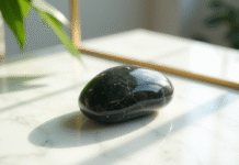 Pierre de tourmaline noire polie sur marbre blanc lumineux