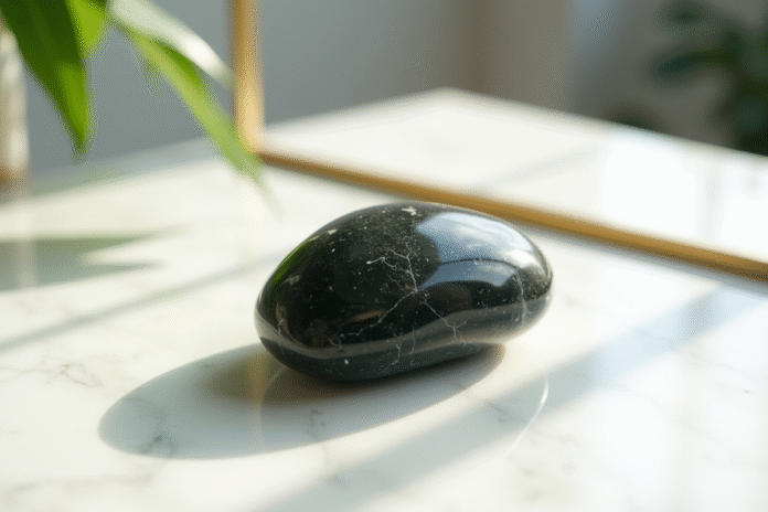 Pierre de tourmaline noire polie sur marbre blanc lumineux