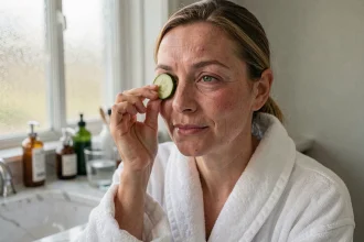Femme appliquant des rondelles de concombre froides sous les yeux pour réduire les poches, sans maquillage, dans une salle de bain lumineuse