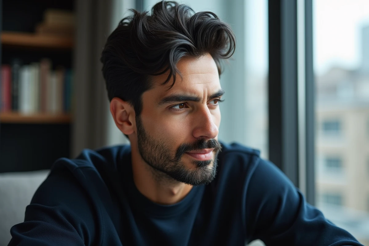 Portrait rapproché d'un homme aux cheveux naturellement foncés au henné noir avec un rendu brillant et naturel