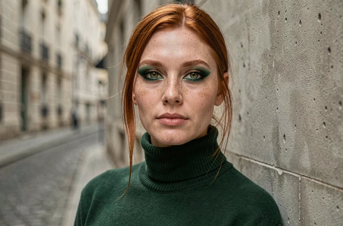 Portrait rapproché d'une femme rousse aux yeux verts maquillés en smoky émeraude et bronze dans une rue parisienne