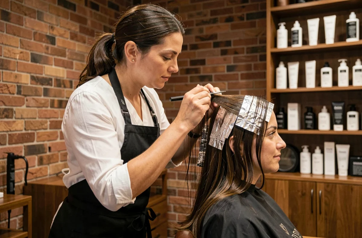 Coiffeuse professionnelle appliquant des mèches en feuilles d'aluminium sur les cheveux bruns d'une cliente dans un salon haut de gamme
