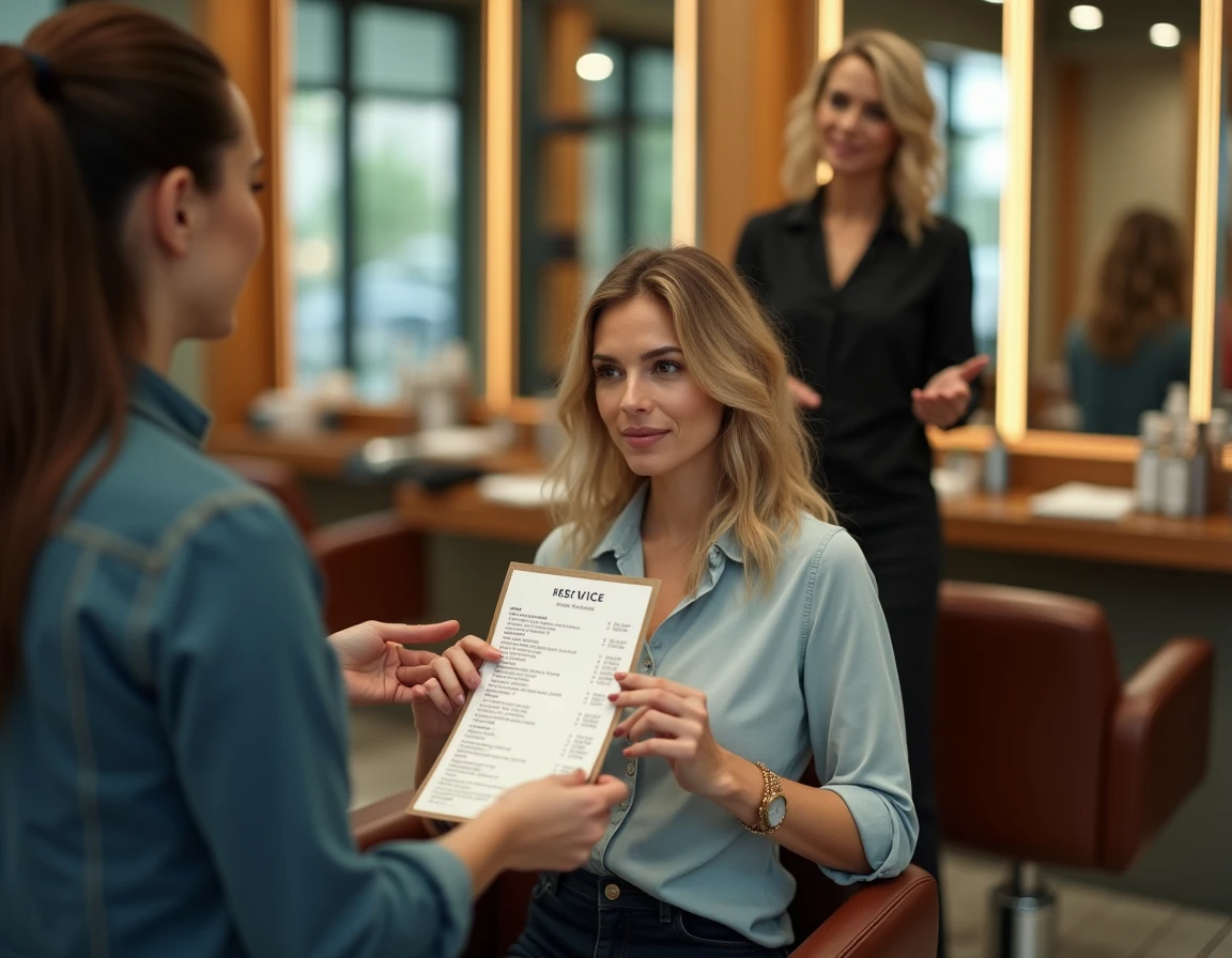 Cliente assise dans un fauteuil de coiffure qui consulte la carte des tarifs de coloration avant sa première visite