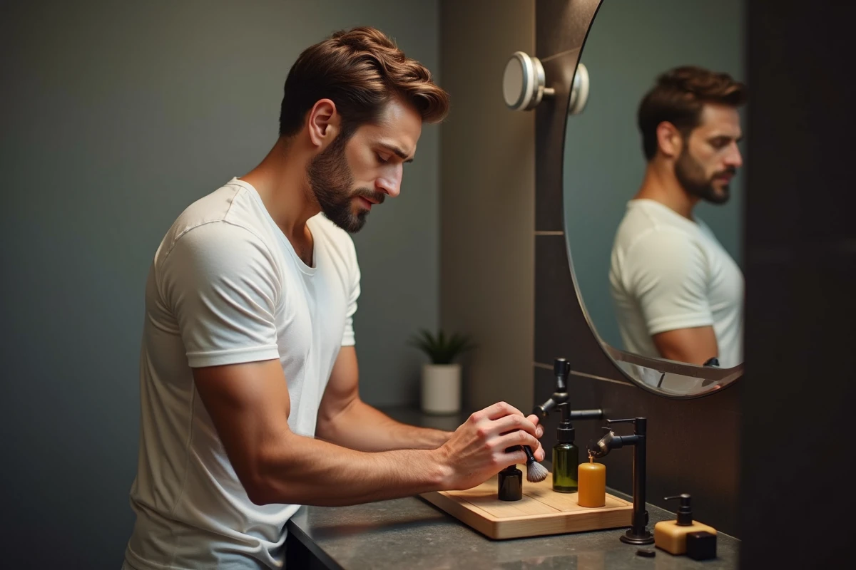 Jeune homme arrangeant un kit de rasage en salle de bain