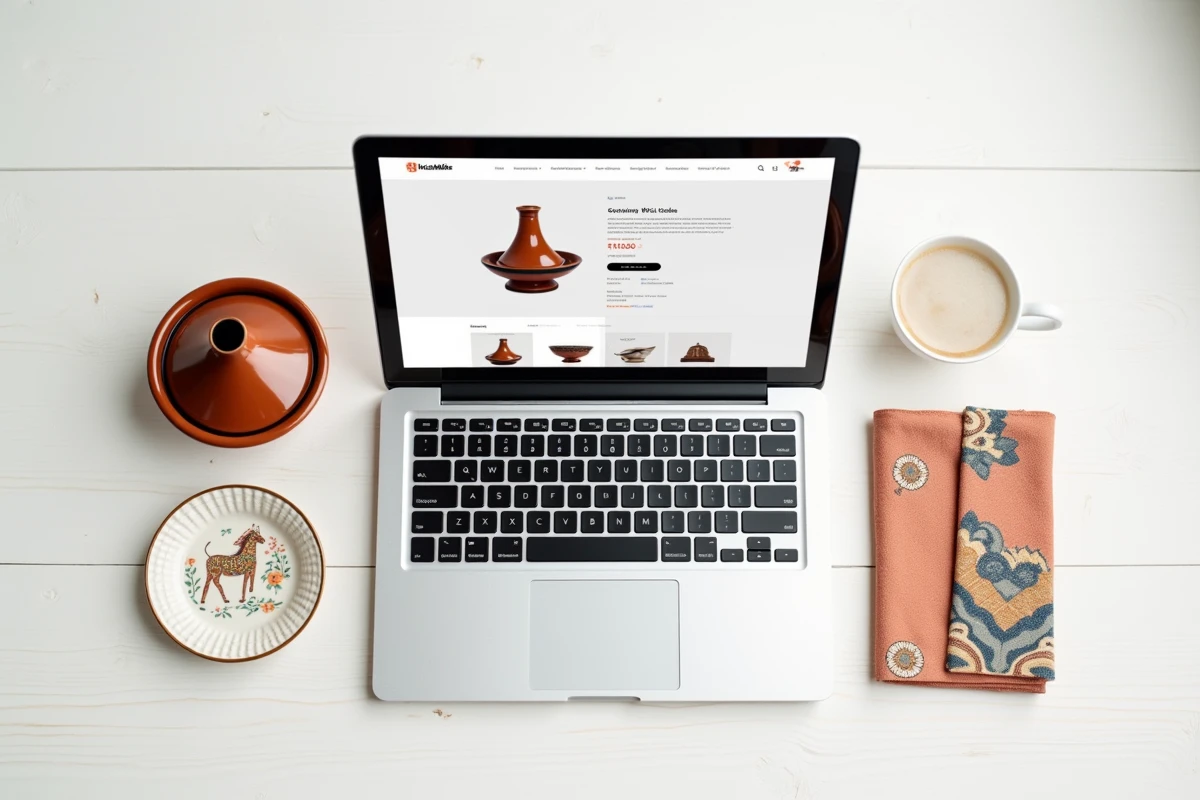 Ordinateur portable et échantillons de produits orientaux posés sur une table pour illustrer la création d'une boutique e-commerce avec un grossiste