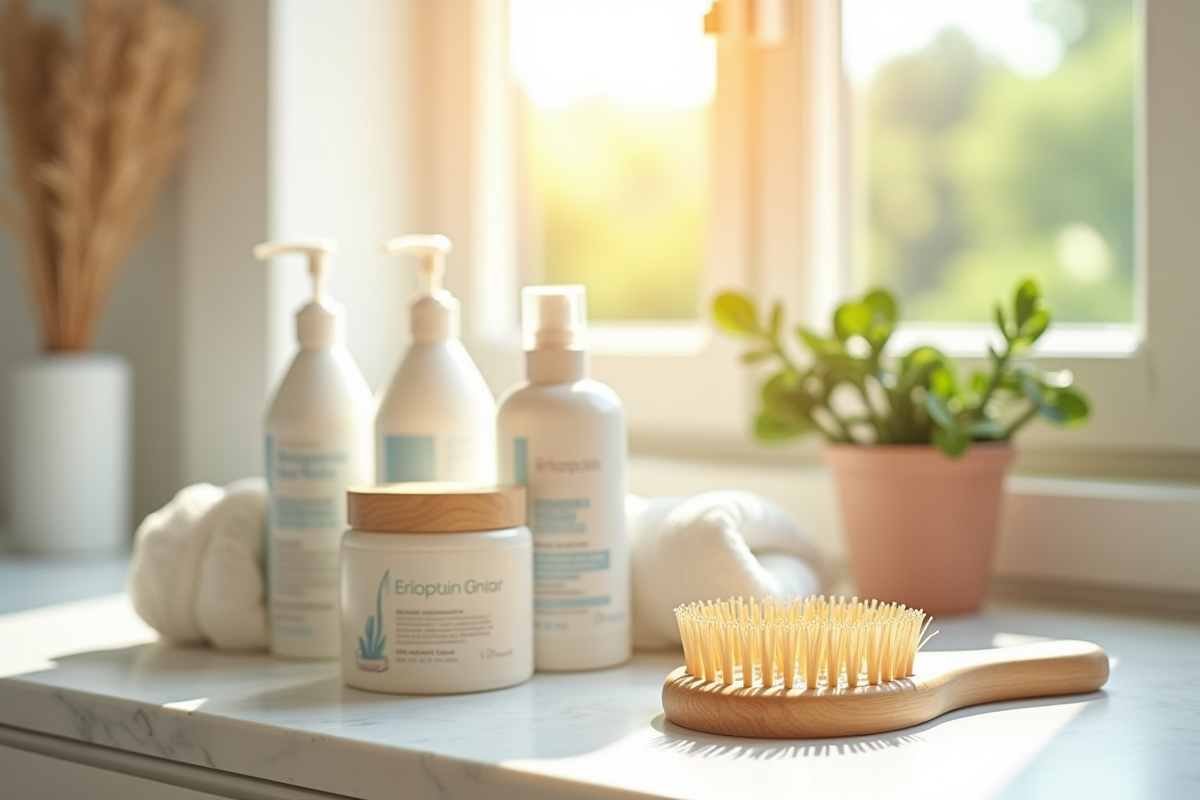 Assortiment de produits de soin capillaire et brosse en bois sur une coiffeuse lumineuse