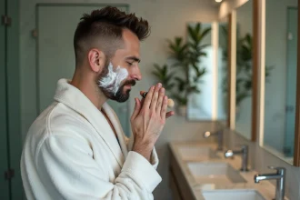 Homme en peignoir se rasant dans une salle de bain élégante