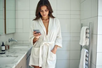 Femme en robe de bain tenant un miroir dans une salle de bain moderne pour inspecter son maillot rasé style ticket de métro