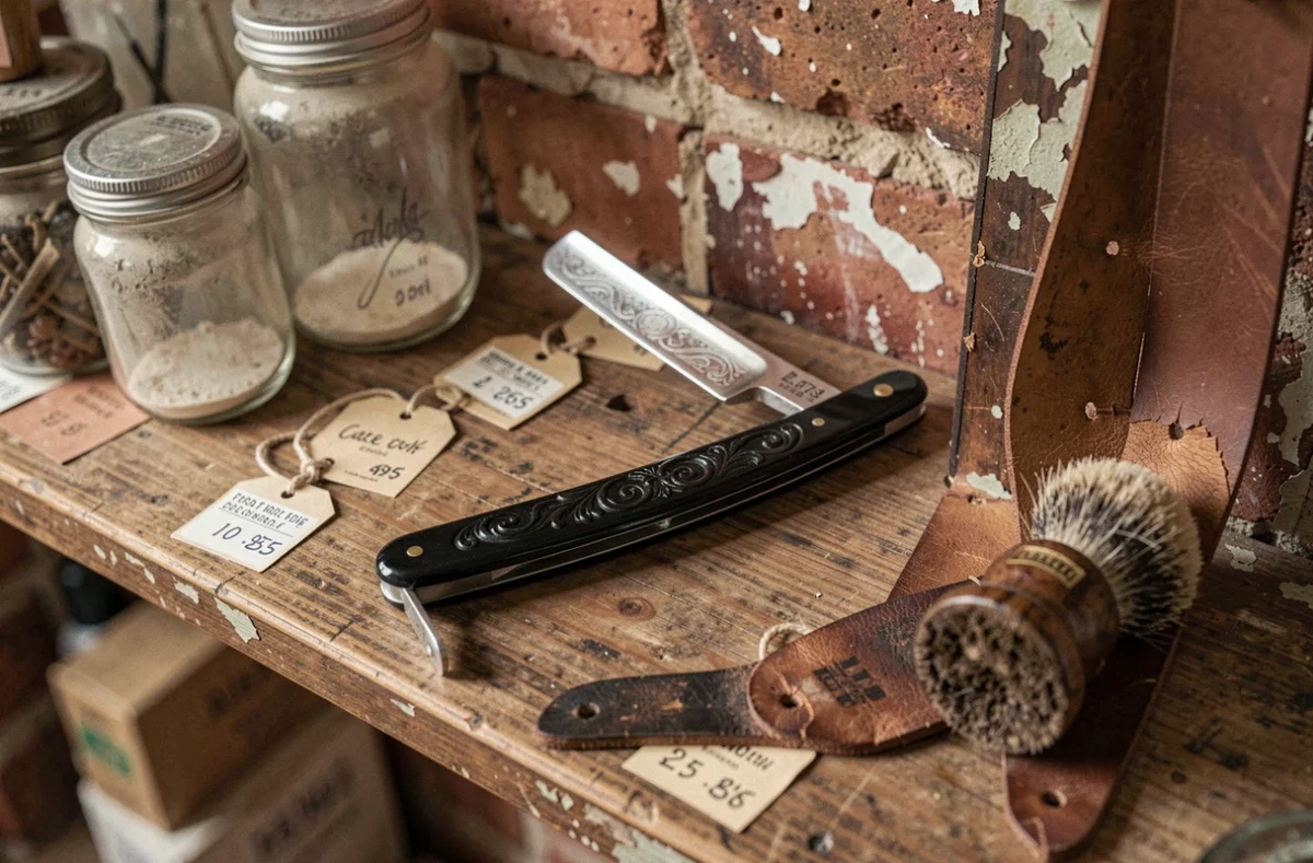 Rasoir droit d'occasion avec manche en résine noire ornementé posé sur une étagère en bois usé dans un salon de barbier vintage, entouré d'accessoires de rasage anciens