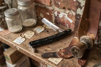 Rasoir droit d'occasion avec manche en résine noire ornementé posé sur une étagère en bois usé dans un salon de barbier vintage, entouré d'accessoires de rasage anciens