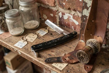 Rasoir droit d'occasion avec manche en résine noire ornementé posé sur une étagère en bois usé dans un salon de barbier vintage, entouré d'accessoires de rasage anciens