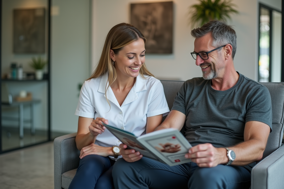 Homme consultant brochures de massage à la réception moderne