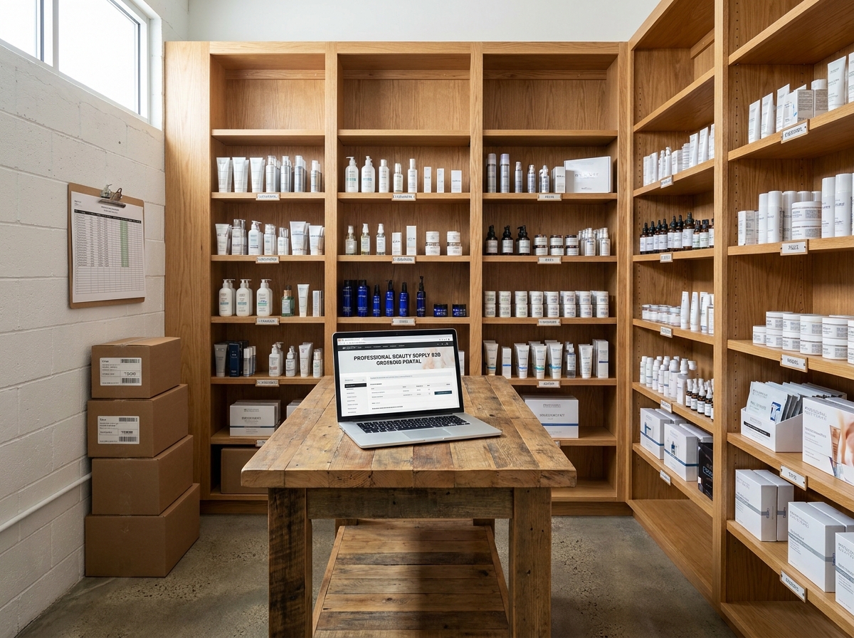 Réserve d'un institut esthétique avec produits professionnels rangés et commande en ligne sur plateforme B2B