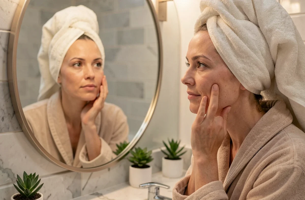 Femme inspectant la qualité de sa peau après un traitement laser facial épilation et peeling