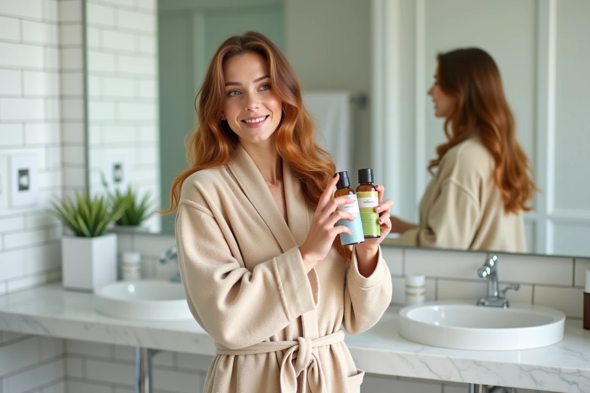 Jeune femme montrant le résultat d'une patine neutralisante sur cheveux, comparaison reflets orangés et tons froids