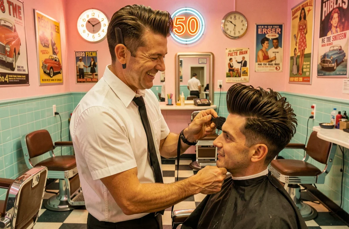 Salon de barbier rétro des années 50 avec décor vintage américain et coiffure rockabilly
