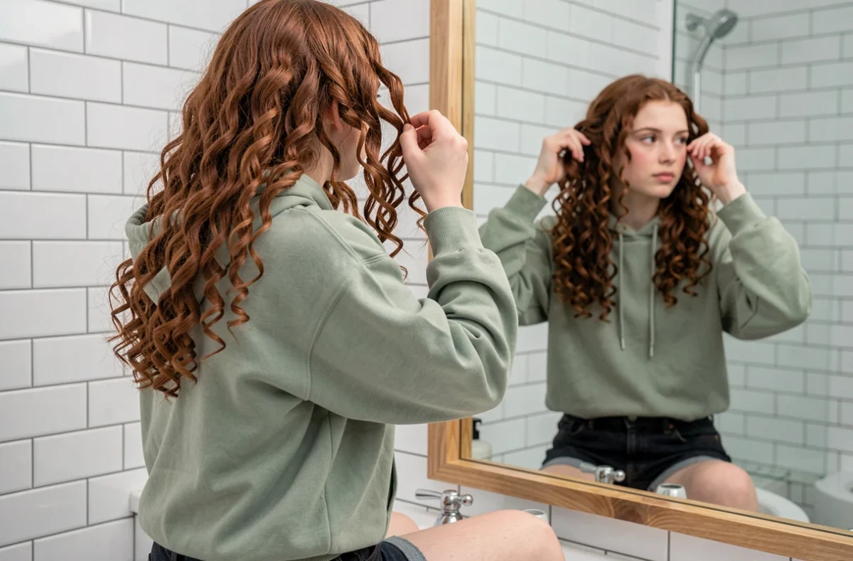 Adolescente aux cheveux longs bouclés auburn prenant soin de ses boucles devant un miroir de salle de bain, routine capillaire naturelle et moderne