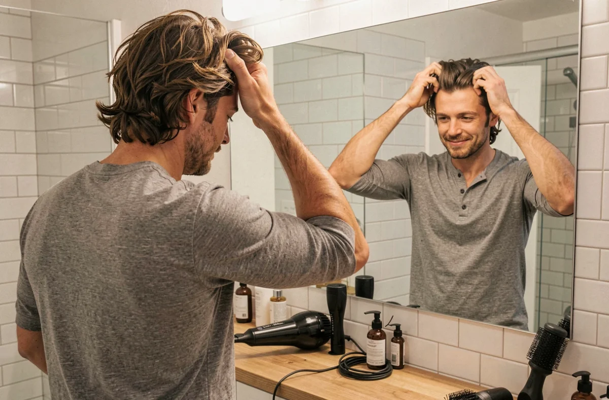 Homme se coiffant devant le miroir pour obtenir du volume sur cheveux mi-longs, scène de routine beauté masculine