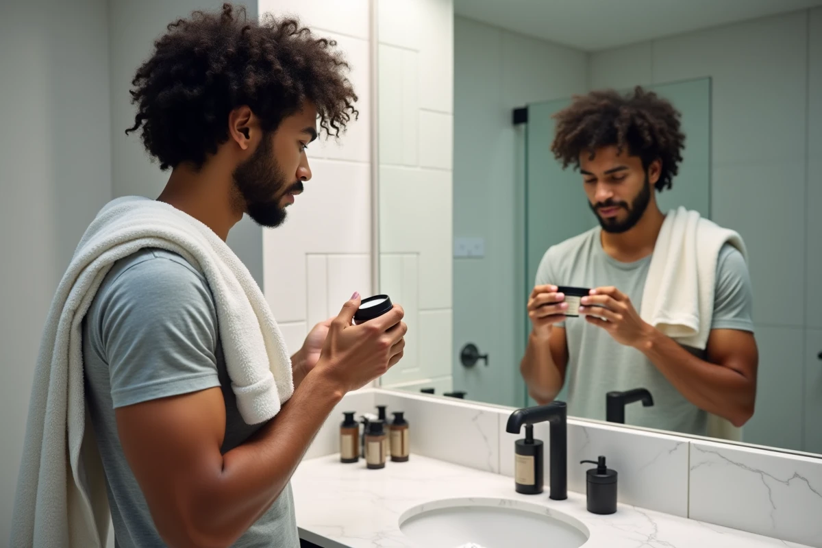 Homme aux cheveux bouclés appliquant une crème coiffante sur cheveux frisés humides dans une salle de bain moderne