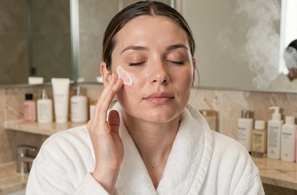 Femme appliquant un gommage exfoliant sur le visage dans une salle de bain en marbre, routine beauté du soir pour éliminer les peaux mortes