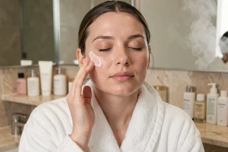 Femme appliquant un gommage exfoliant sur le visage dans une salle de bain en marbre, routine beauté du soir pour éliminer les peaux mortes