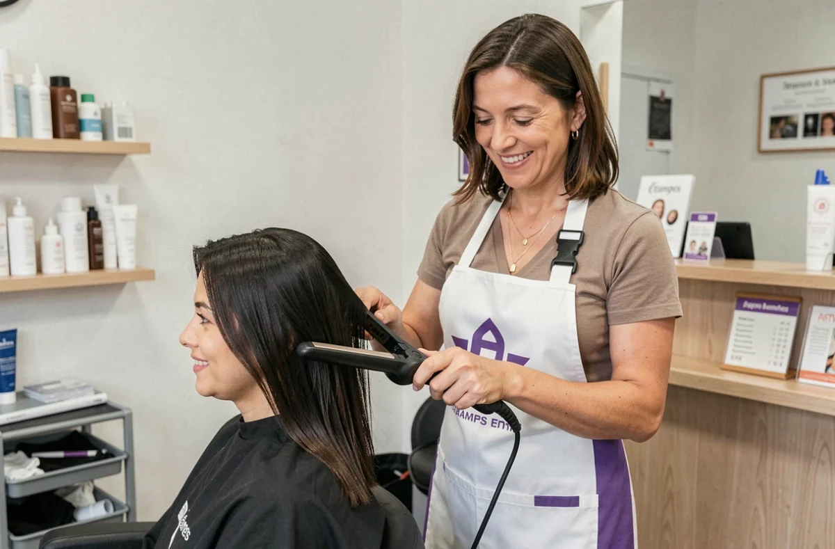 Coiffeuse accueillante au salon Saint Algue d'Étampes réalisant un lissage pour une cliente du sud de l'Essonne