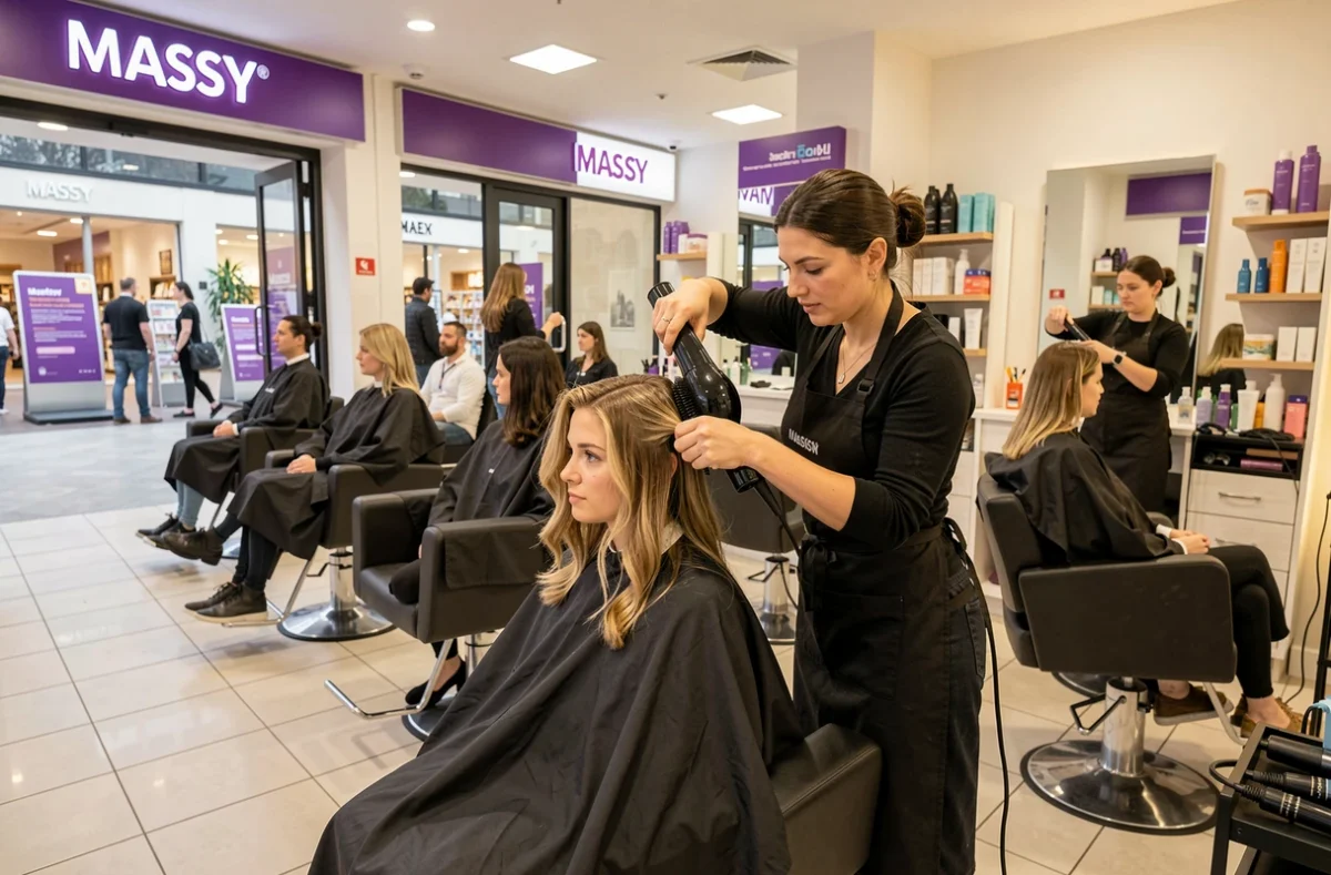 Salon Saint Algue en centre commercial à Massy avec une coiffeuse réalisant un brushing sur une cliente