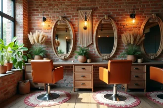 Intérieur d'un salon de coiffure bohème chic avec murs en briques apparentes, suspensions en macramé et chaises en cuir caramel sur parquet ancien