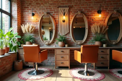 Intérieur d'un salon de coiffure bohème chic avec murs en briques apparentes, suspensions en macramé et chaises en cuir caramel sur parquet ancien