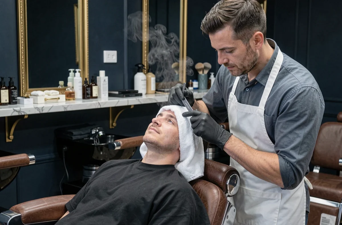 Barbier du Salon Jacques Henri à Annemasse appliquant un hot towel chaud sur le visage d'un client avant un rasage traditionnel