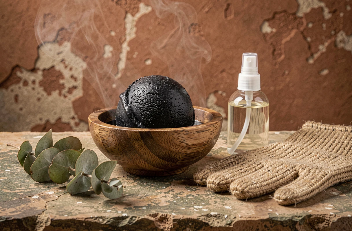 Bol en bois contenant du savon noir beldi traditionnel avec gant kessa sur surface en pierre