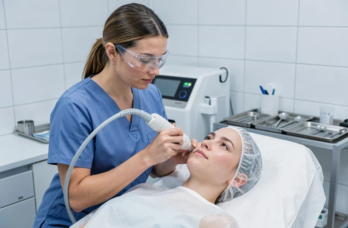 Esthéticienne utilisant un laser sur le visage d'une patiente lors d'une séance de rajeunissement