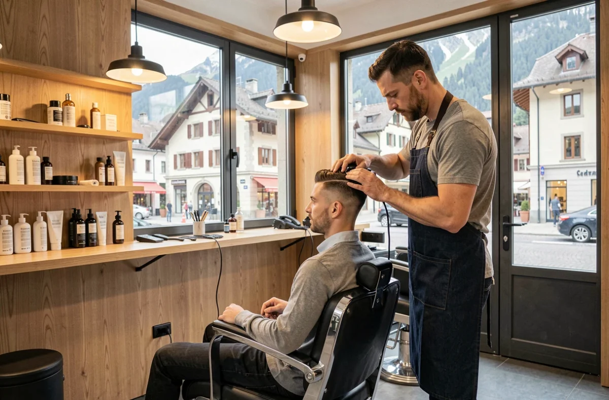 Client recevant une coupe de cheveux moderne dans le salon Slicker's Barber à Annecy avec vue sur la ville alpine