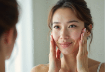Femme se massant le visage devant un miroir lumineux