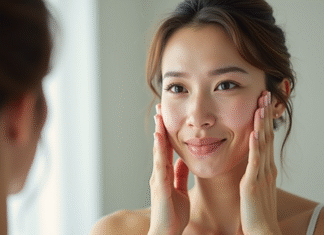 Massage du visage : pourquoi la peau peut être gonflée ? Femme se massant le visage devant un miroir lumineux