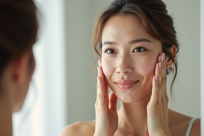 Femme se massant le visage devant un miroir lumineux