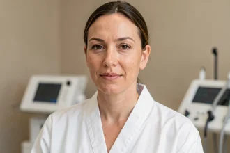 Femme aux soins du visage dans une clinique esthétique moderne spécialisée laser