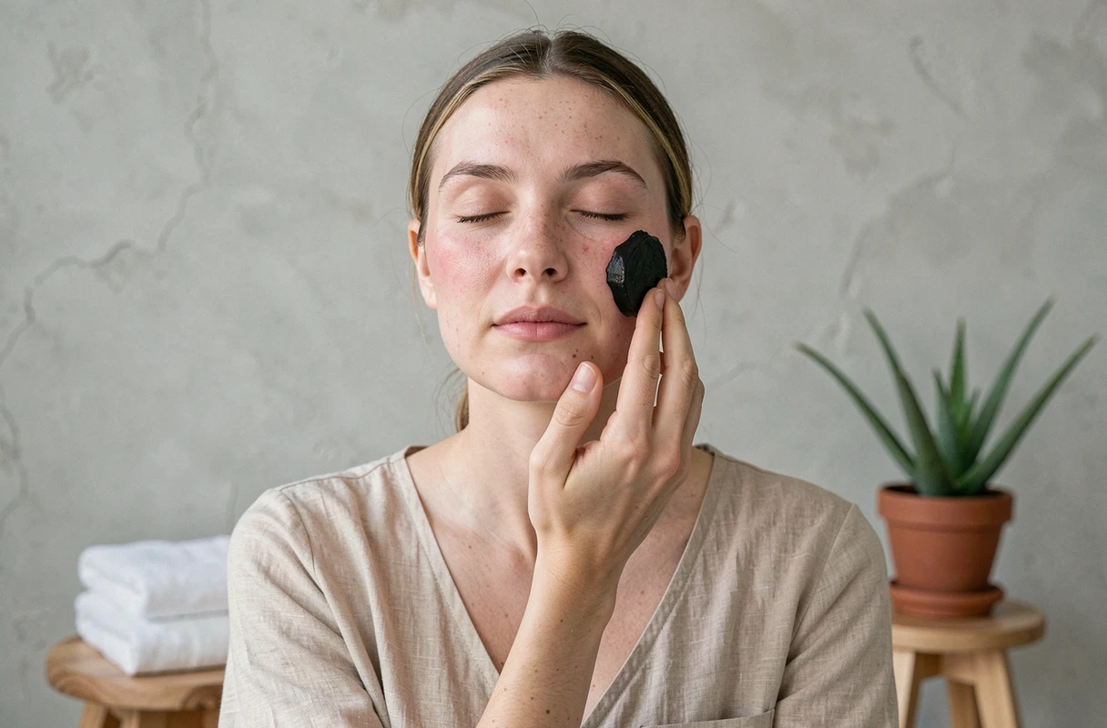 Femme aux yeux fermés appliquant du savon noir sur son visage sensible dans un espace bien-être minimaliste