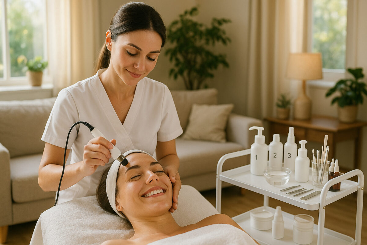 Estheticienne réalisant un soin visage dans un salon lumineux