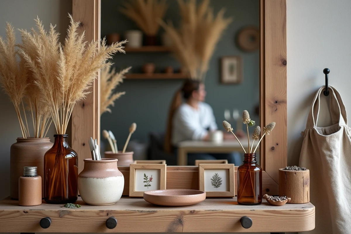 Station de coiffure bohème avec miroir en bois flotté, bouteilles en verre ambré et accessoires artisanaux en céramique sur tablette rustique