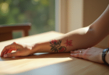 Avant-bras d'une femme avec tatouage fleur aquarelle