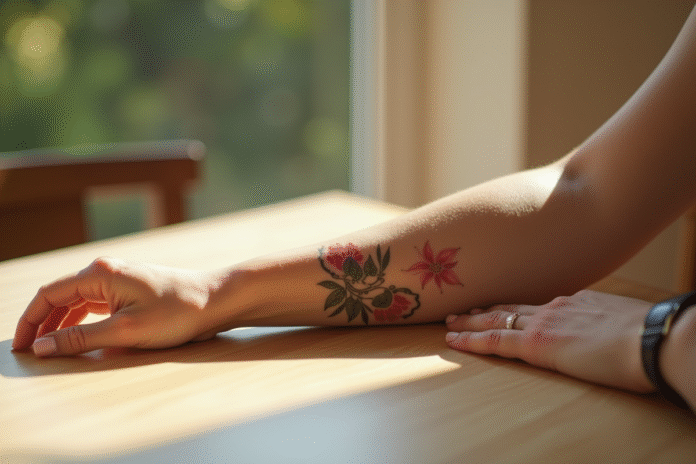 Avant-bras d'une femme avec tatouage fleur aquarelle