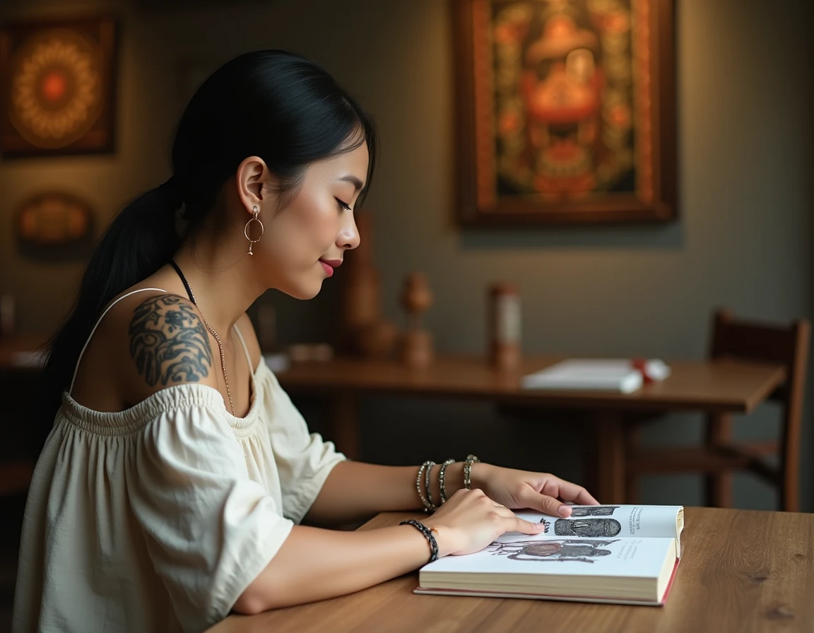 Femme avec tatouage tribal Dayak sur l'épaule consultant un livre sur la signification des tatouages traditionnels dans un musée