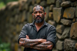 Homme polynésien avec tatouages tribaux Maori traditionnels sur le visage et les bras, symbolisme culturel authentique