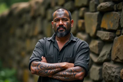 Homme polynésien avec tatouages tribaux Maori traditionnels sur le visage et les bras, symbolisme culturel authentique