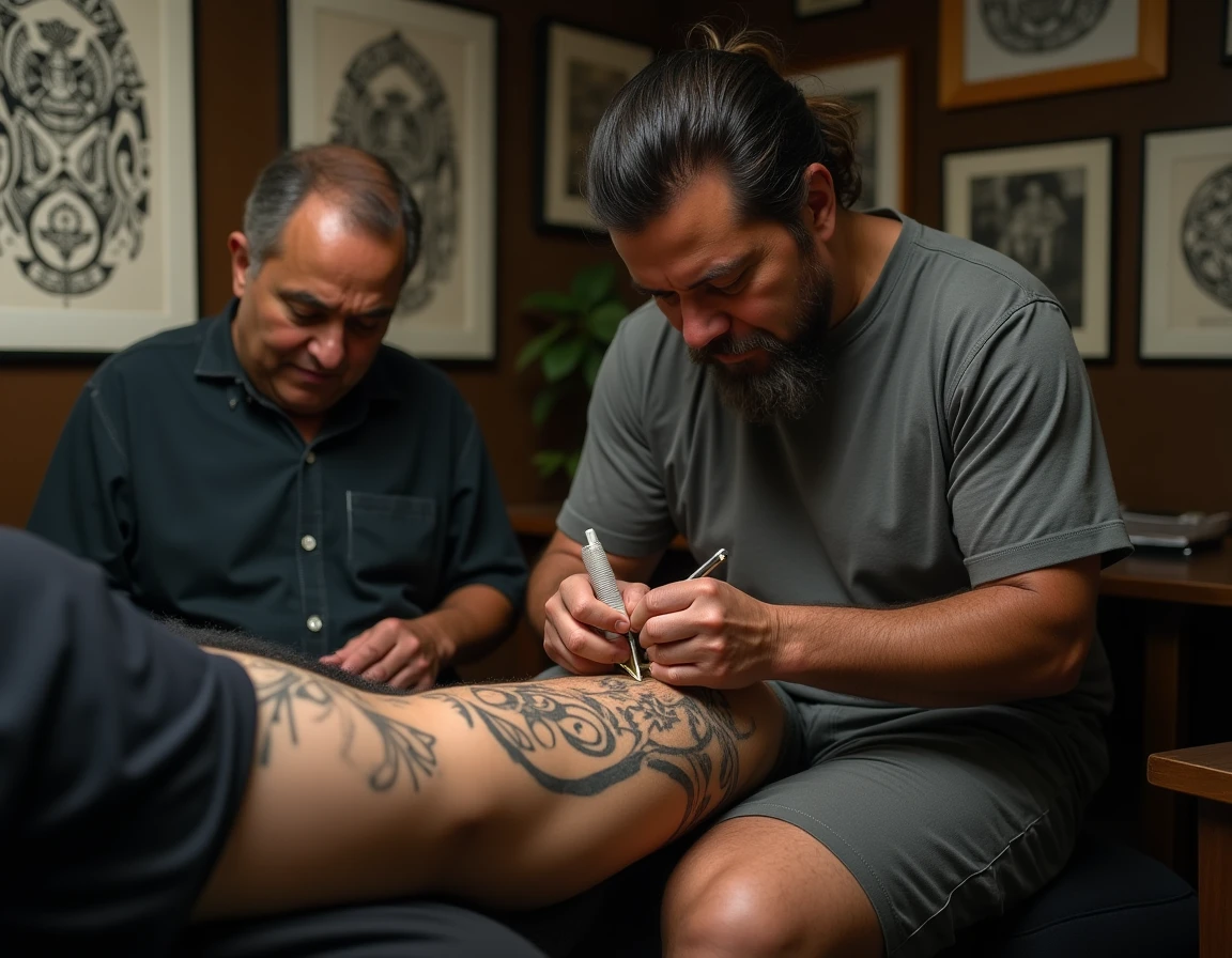 Tatoueur samoan appliquant un tatouage tribal pe'a traditionnel avec technique de tapping à la main, processus rituel authentique
