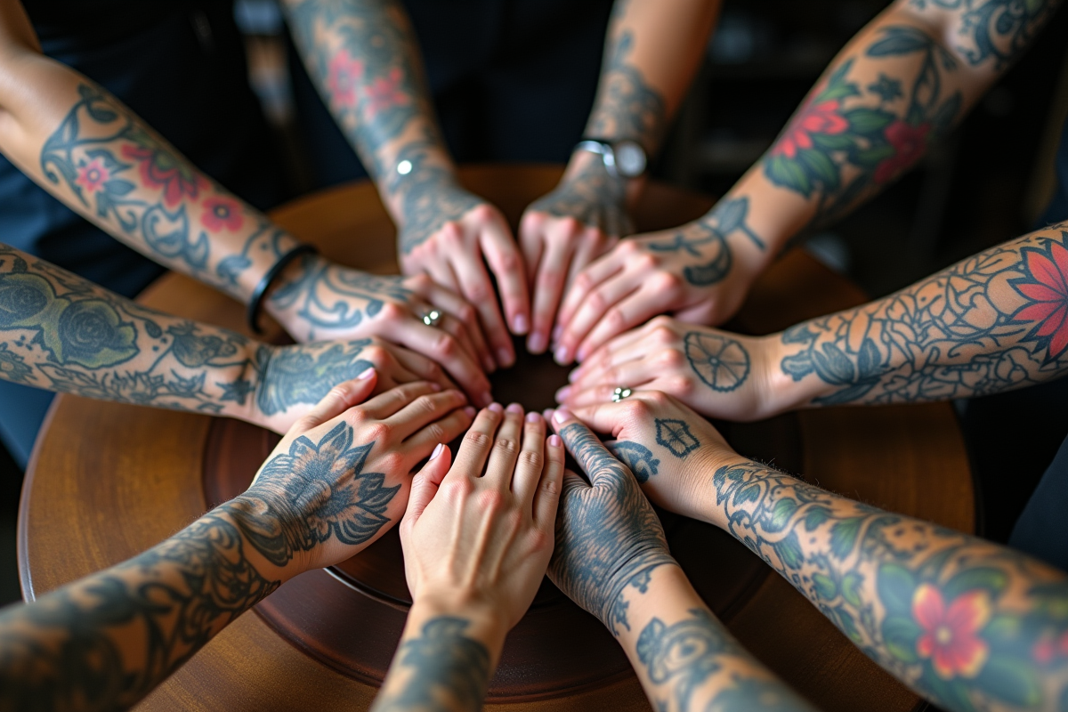 Tatouages variés sur bras et mains formant un cercle sur une table en bois