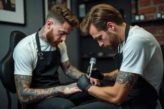 Tatoueur professionnel réalisant un tatouage blackwork géométrique sur l'avant-bras d'un client dans un salon de tatouage moderne à Toulouse