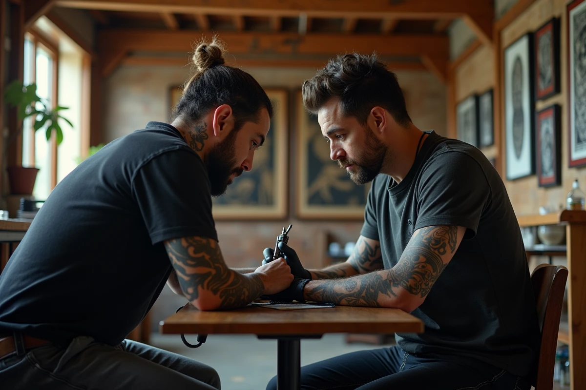 Tatoueur māori appliquant un motif tā moko traditionnel sur l'avant-bras d'un client dans un studio contemporain