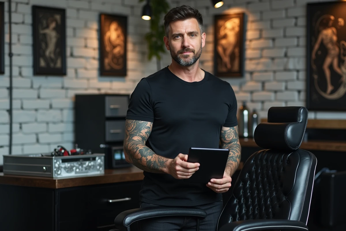 Tatoueur professionnel dans son studio présentant une calculette de tarification de tatouage sur une tablette numérique